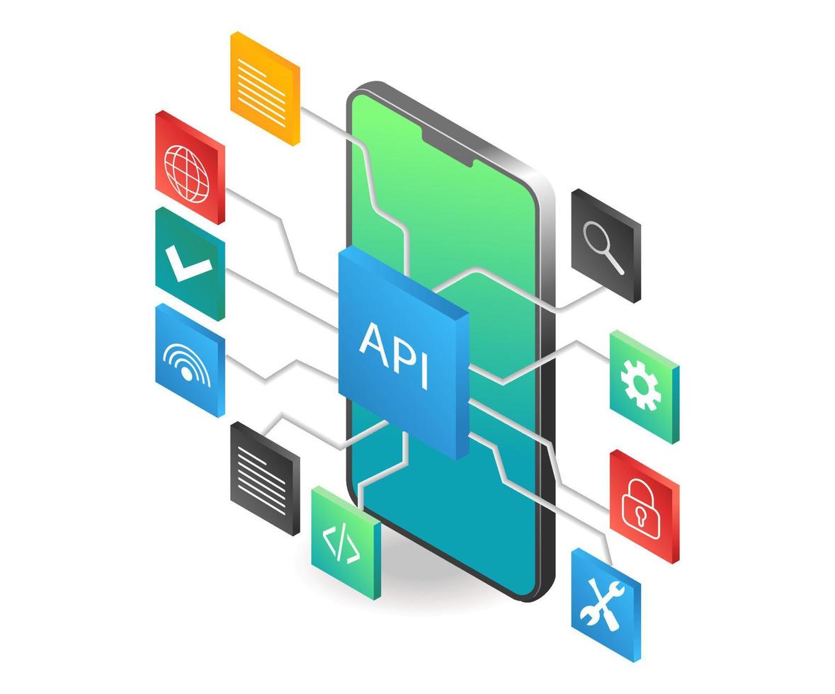 concepto de ilustración isométrica plana. red de aplicaciones api vector