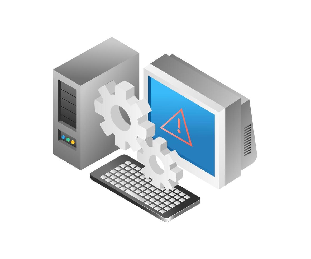 flat isometric illustration concept. computer installation problem vector