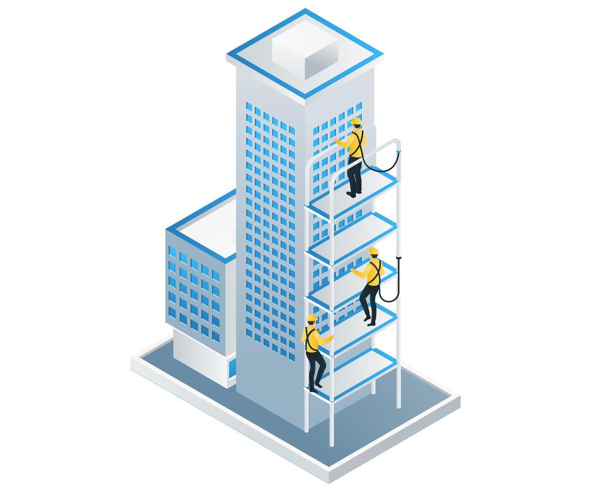 Flat isometric illustration concept. some builders renovating the building vector