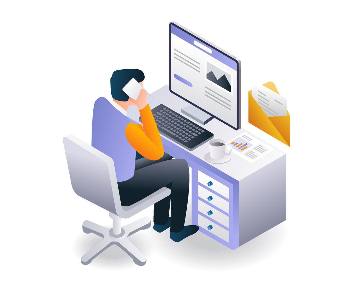 Flat isometric illustration concept. man on the phone in front of the computer vector