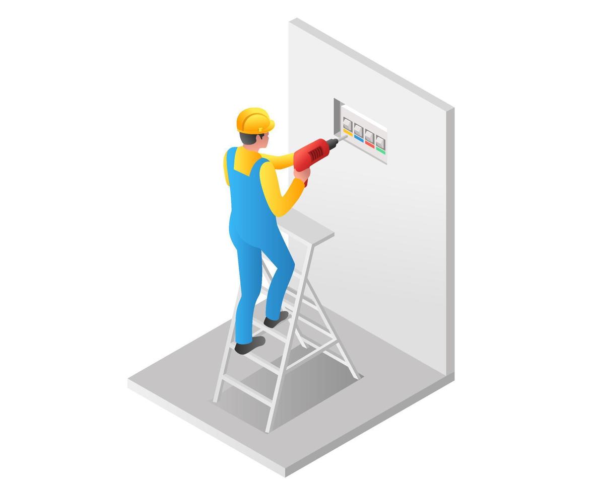 concepto de ilustración isométrica plana. hombre perforando la pared para detener la toma de corriente vector