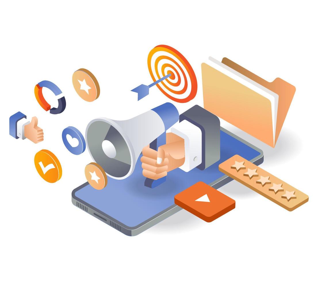 Flat isometric illustration concept. megaphone digital marketing and promotion strategy vector