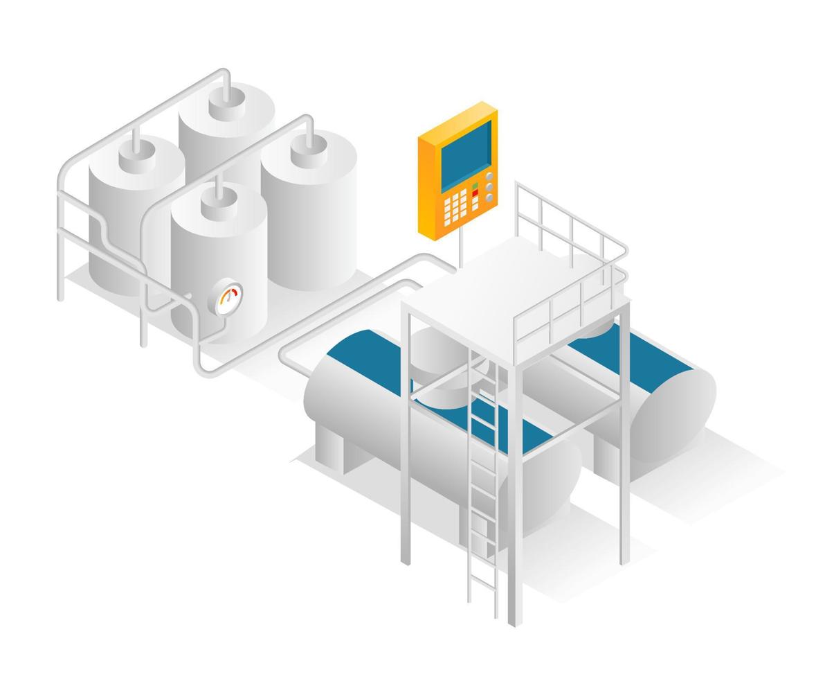 Flat isometric illustration concept. dairy industry pipelines and tanks vector