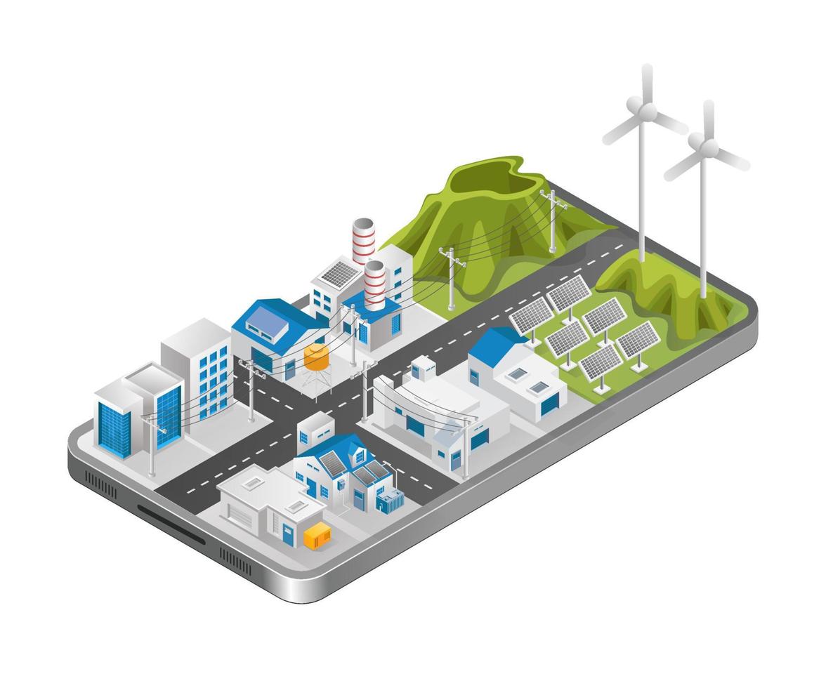 Flat isometric illustration concept. solar panel industrial city view on smartphone vector