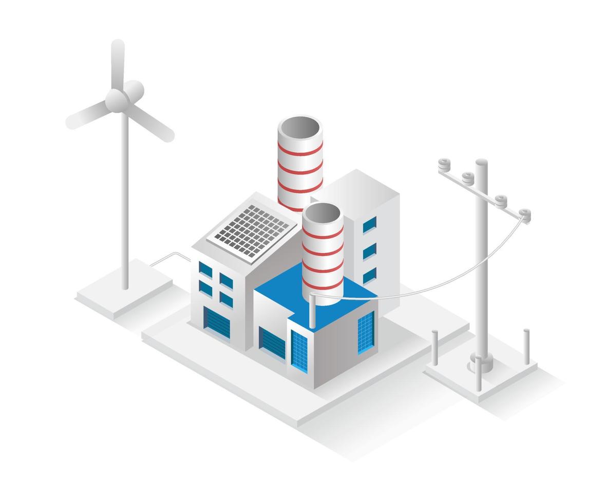 Flat isometric illustration concept. factory building and solar panel electricity vector