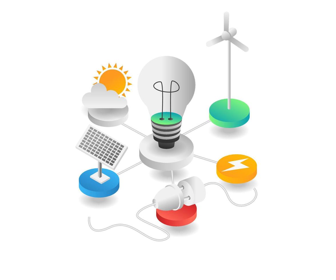 Flat isometric illustration concept. electrical energy with solar panels vector