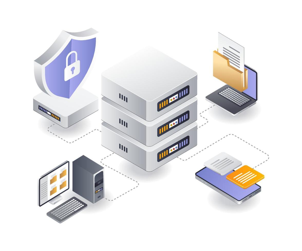 concepto de ilustración isométrica plana. red de servidores de datos informáticos vector