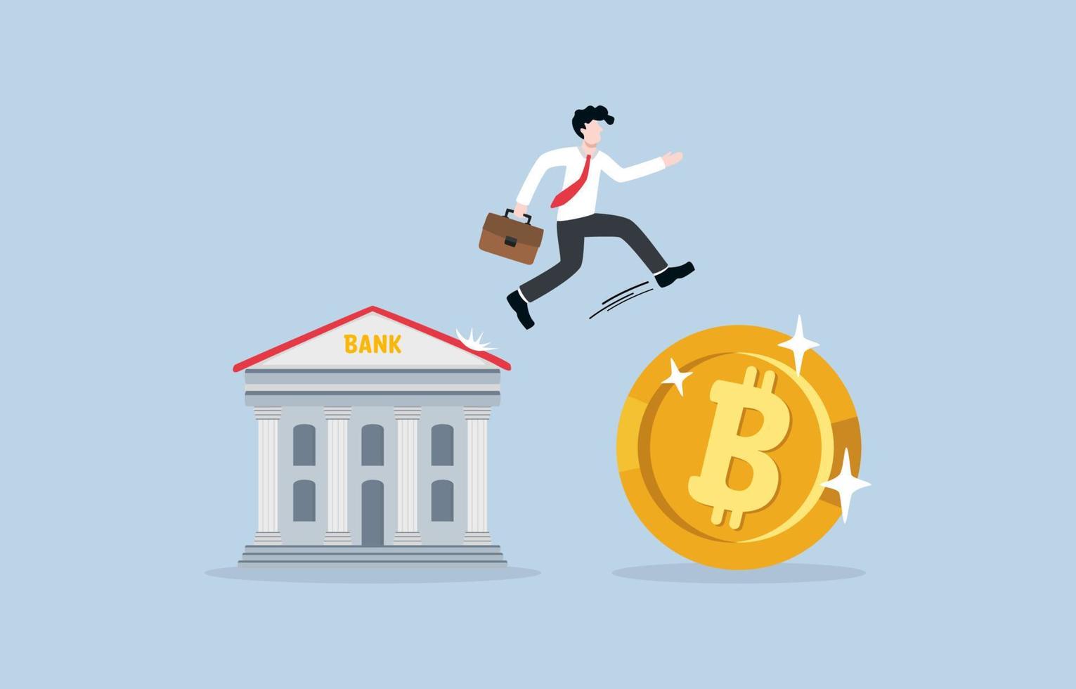 Decision to transfer money to financial decentralization, cryptocurrency simplify financial management and distribute authority without center concept. Businessman jump from bank to giant bitcoin. vector