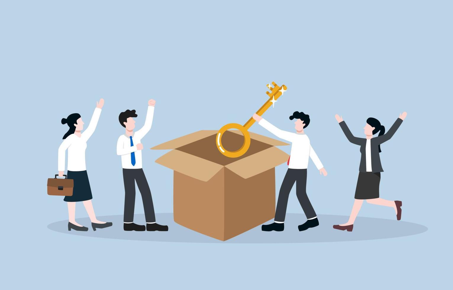 Business team find key to success, brainstorm for best solution to solve problem, intelligent strategy for team achievement concept. Euphoric colleagues discovering golden key hidden in box. vector