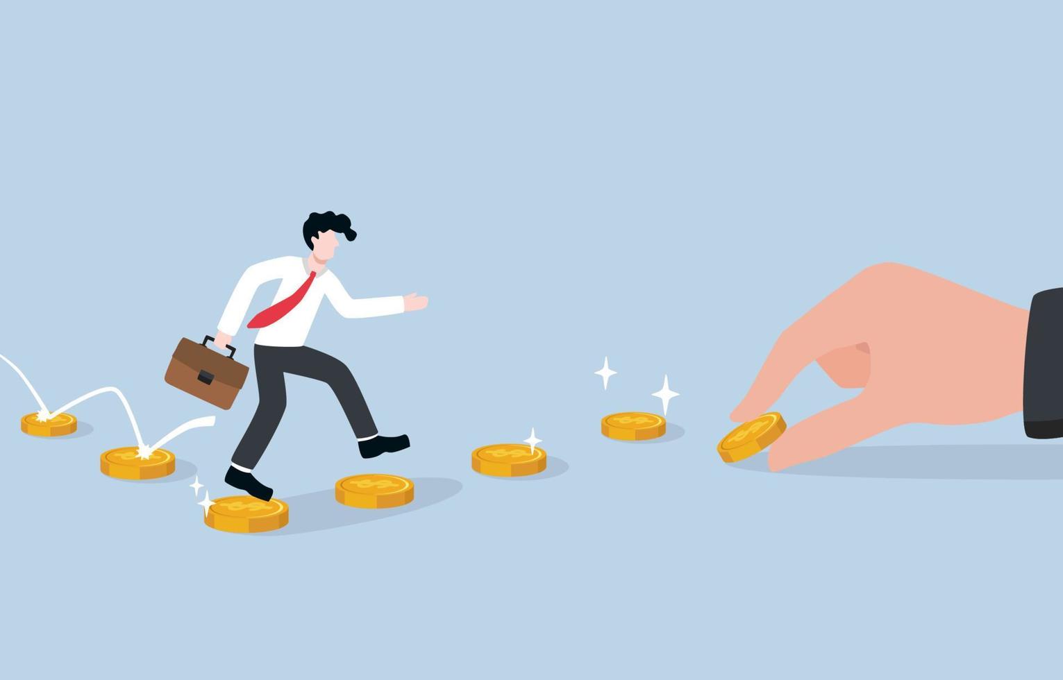 Financial investment consultant, advice to make profit, follow guidance or direction of success from expert mentor concept. Businessman jumping along coins path putting by big supporting hand. vector