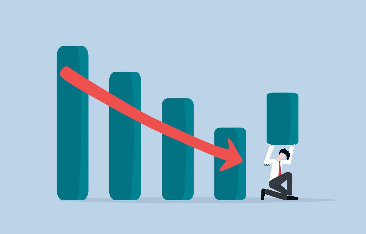 mantener la supervivencia de las empresas durante la recesión económica o la crisis financiera, el espíritu empresarial para hacer frente al peor concepto de tiempo empresarial. el hombre de negocios nunca se da por vencido con la barra de carga del gráfico de tendencia bajista para levantarse. vector