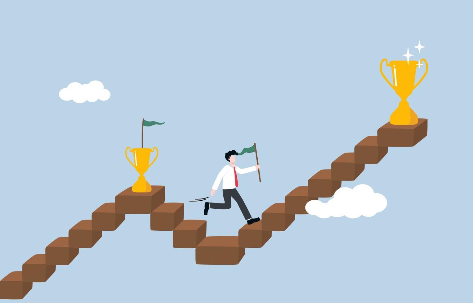 Continuous self development even after success, motivation to reach new goal, planning to next achievement concept. Businessman stepping up next stair to plant flag on new larger trophy. vector