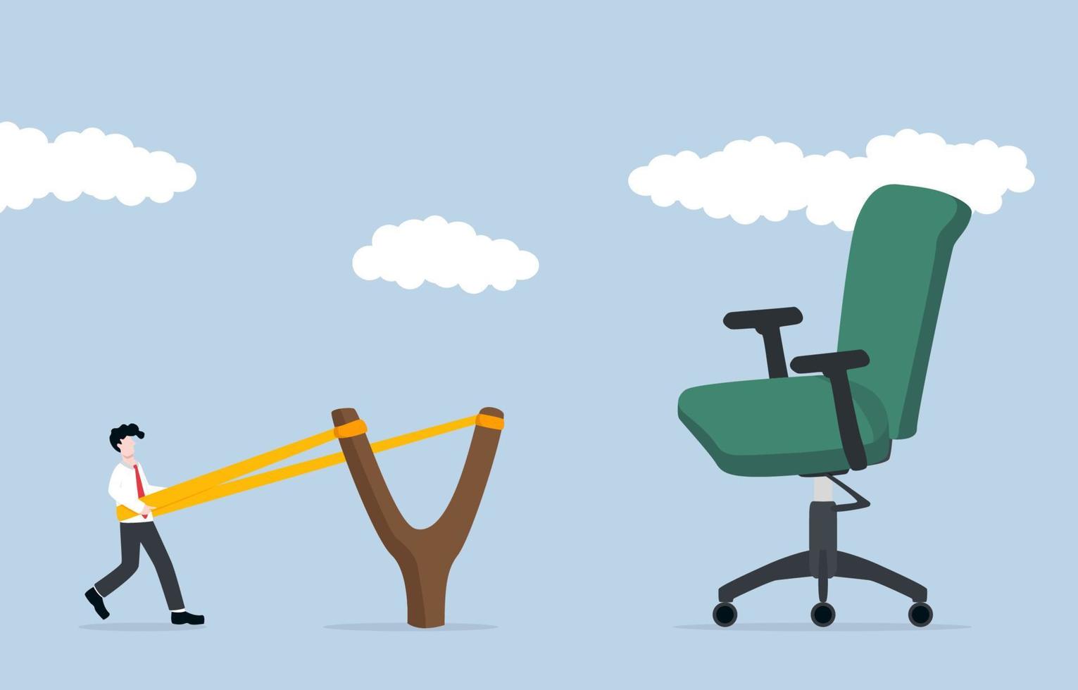 Ambition for job promotion, higher career position, or self development for better opportunity concept. Businessman in slingshot ready to launch to big office chair. vector