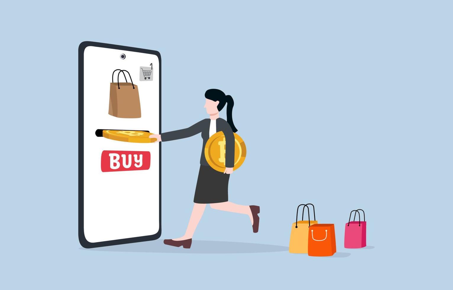 Using bitcoin to buy goods, alternative convenient  way for purchasing product or service with cryptocurrency concept. Woman inserting bitcoin token into money slot on mobile screen for shopping. vector