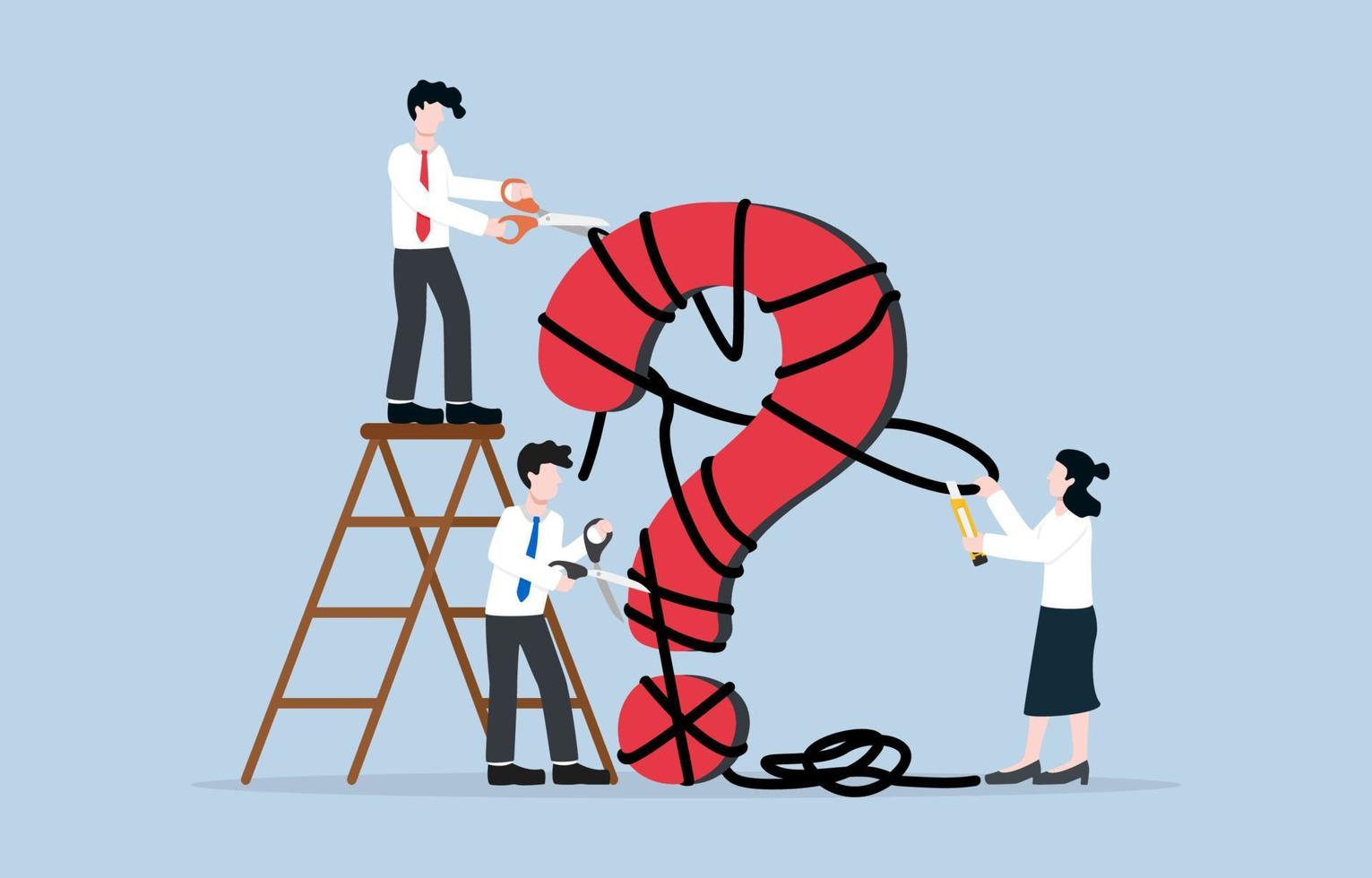 Solving complex problem with teamwork,  Support colleague to overcome difficult work, collaboration concept. Good colleagues helping together to cut off rope  that was tangled around sign question. vector