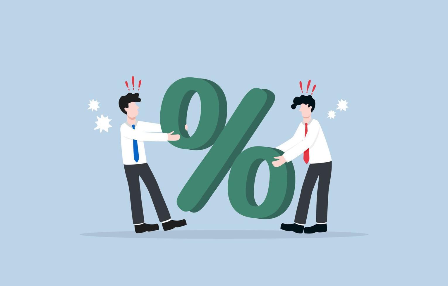 Business competition for market share percentage, conflict in investment benefit, trade war concept. Two furious businessmans scrambling for big sign percentage. vector