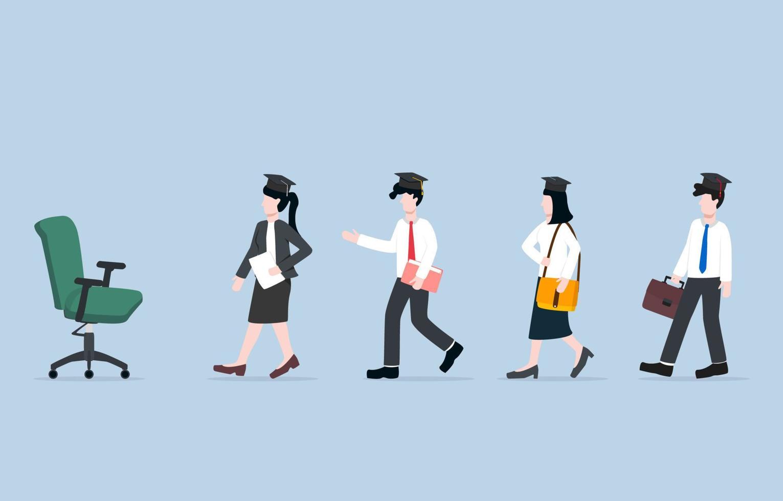 Fresh graduate recruitment for vacancy, new position, company staff, fierce competition in job market among new university graduates concept. New graduates walked in line to vacant chair. vector