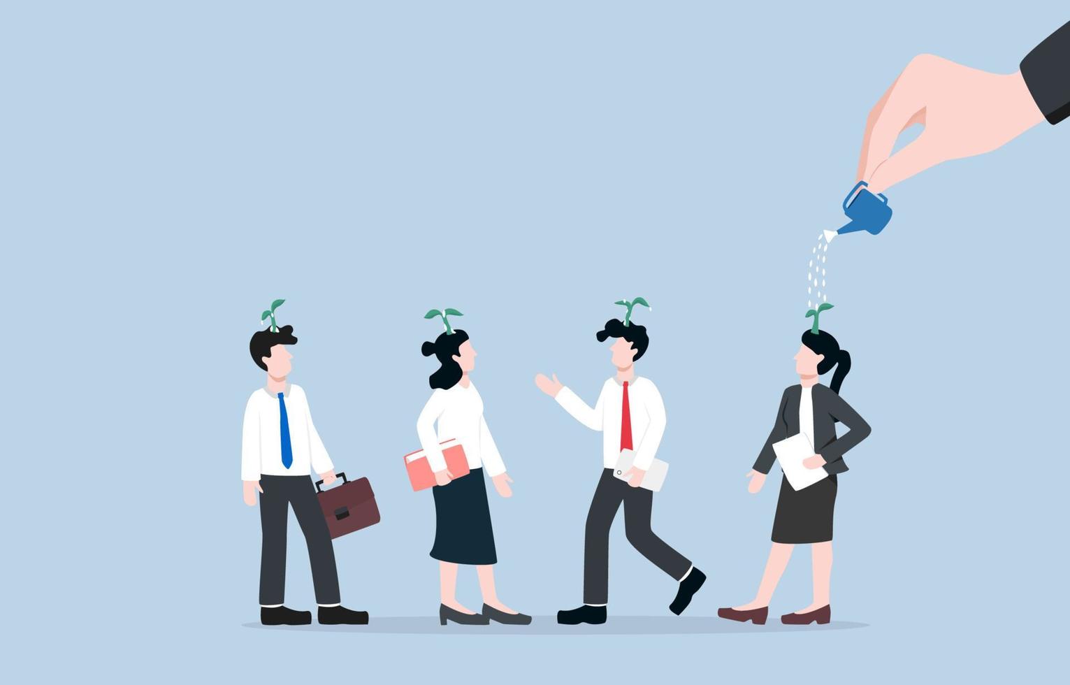 Business team growth mindset, set positive attitude for teammates, improve skill and creativity to achieve group project concept, Boss hand watering young plants on all employee heads. vector