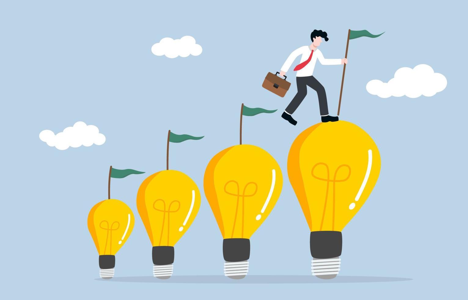 Self creativity growth along career path, mindset  development, growing idea through facing higher level work concept. Creative businessman step and flag on top of ascending size light bulb ideas. vector