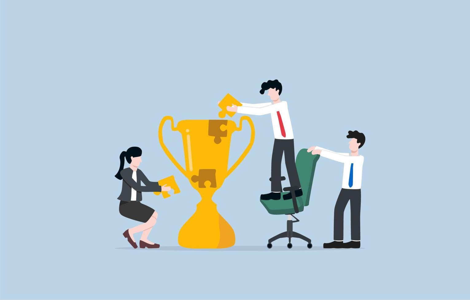Collaboration to achieve best result, business teamwork concept. Colleagues cooperatively fulfilling trophy with jigsaw pieces. vector