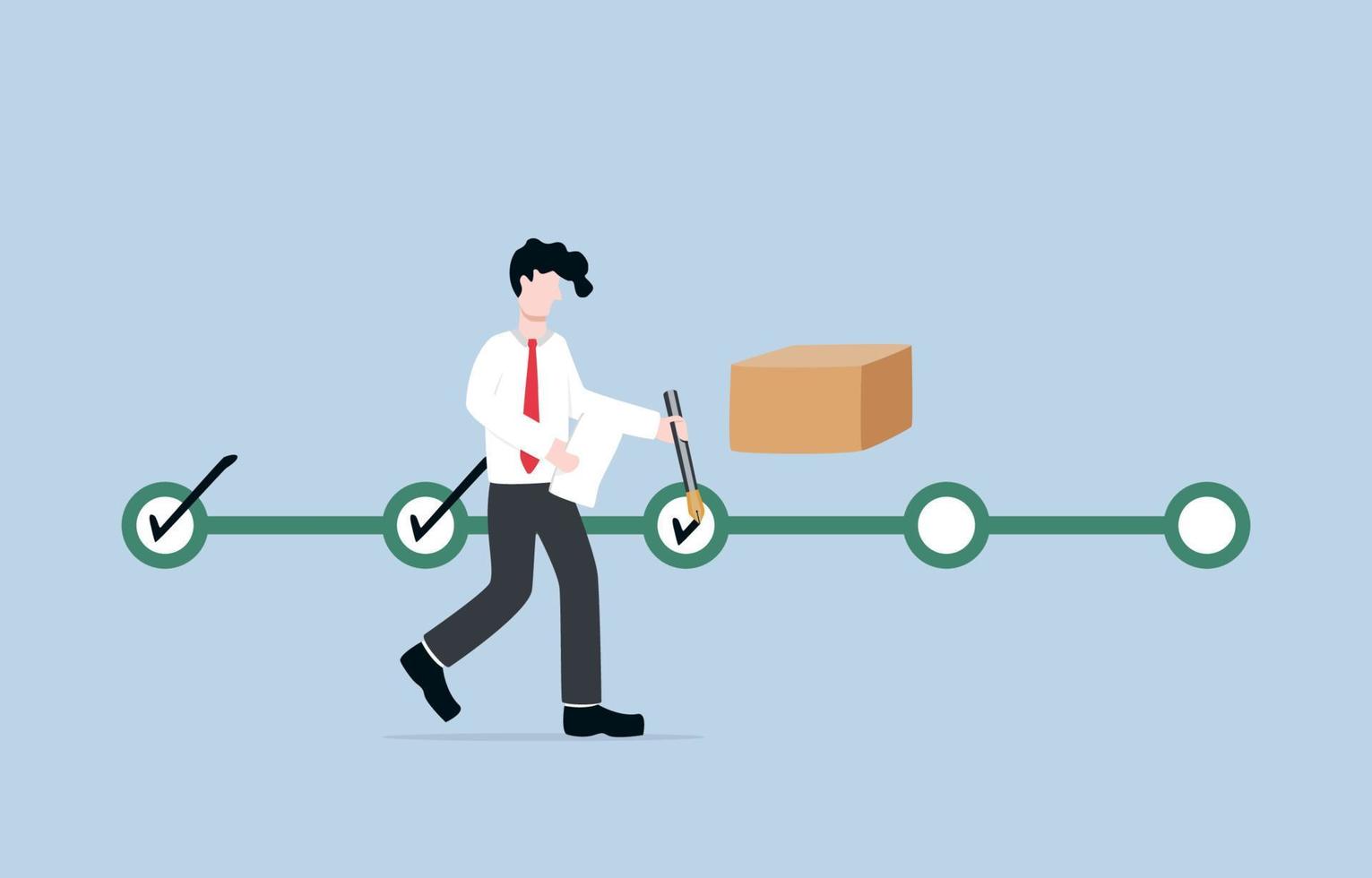 Product quality control, checking standardization of manufactured product or product lot quality sampling test before shipping concept. Businessman checking quality of product following checklist. vector