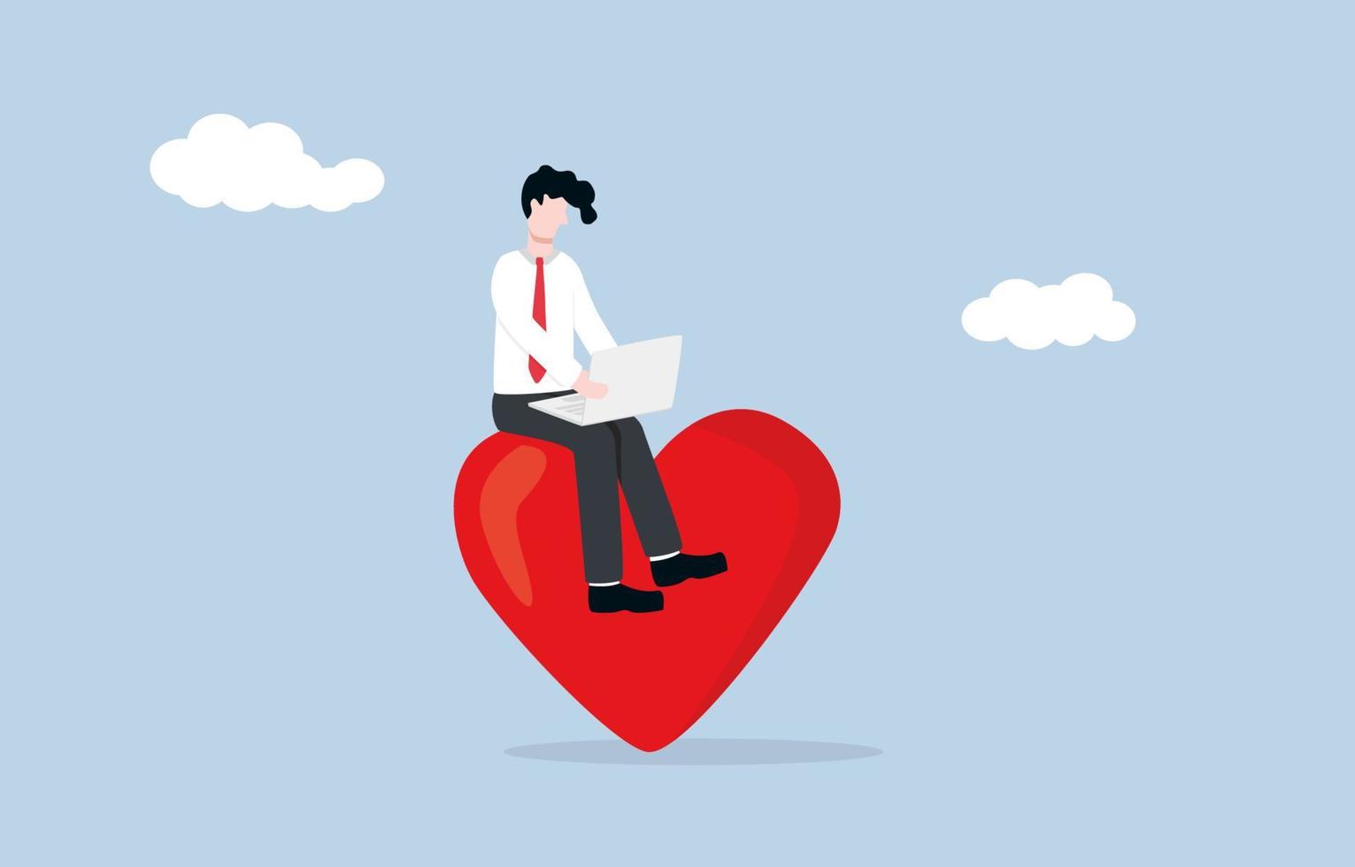 Work passion, favorite job, work without stress and pressure, or happiness when your dream work come true concept. Cheerful businessman sit on giant heart for doing job. vector