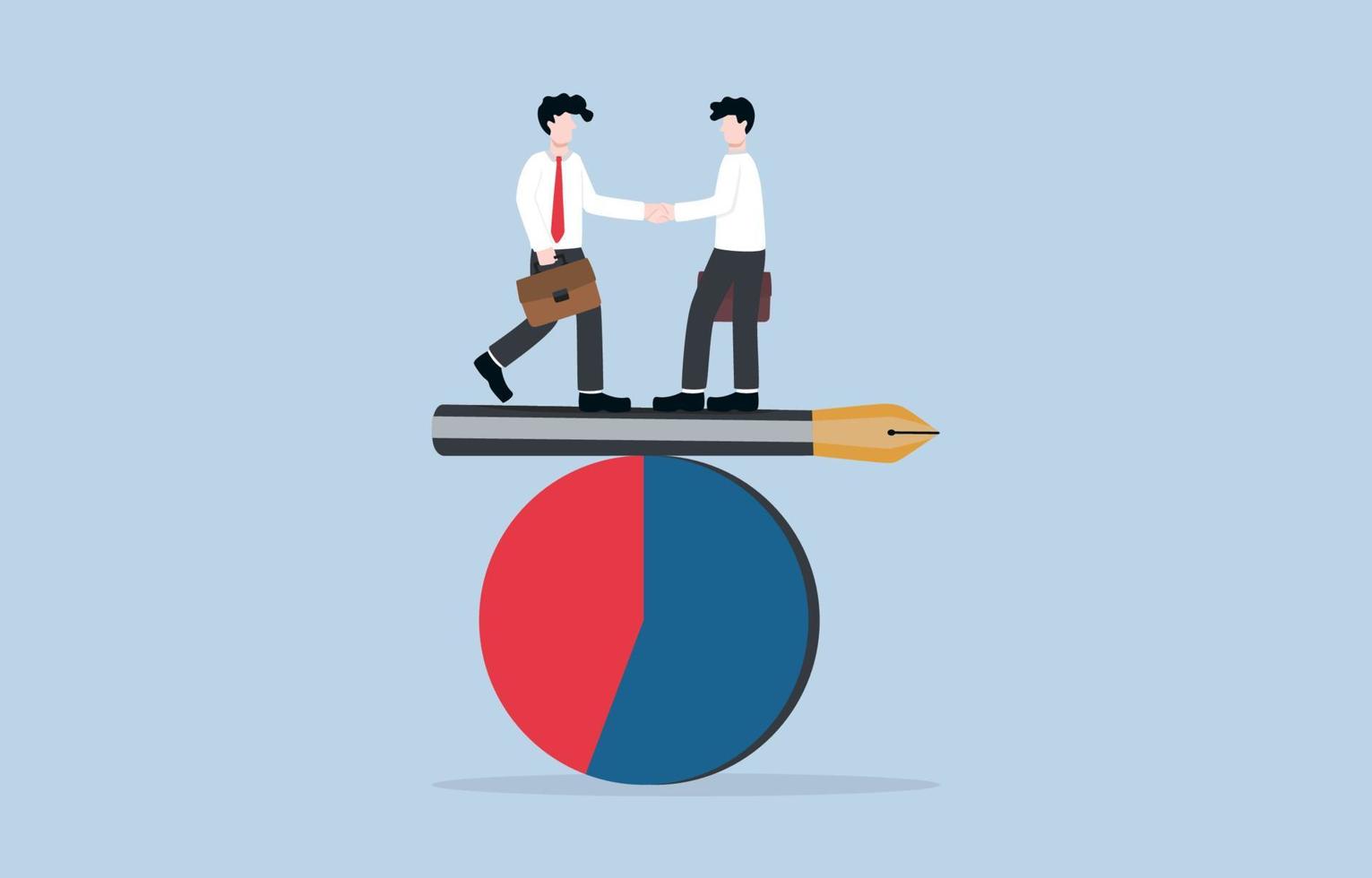 Perfect negotiation of business benefits, investment partnership, sign contract, collaboration or cooperation concept. Entrepreneur businessmen handshaking on signing pen lying on pie chart. vector