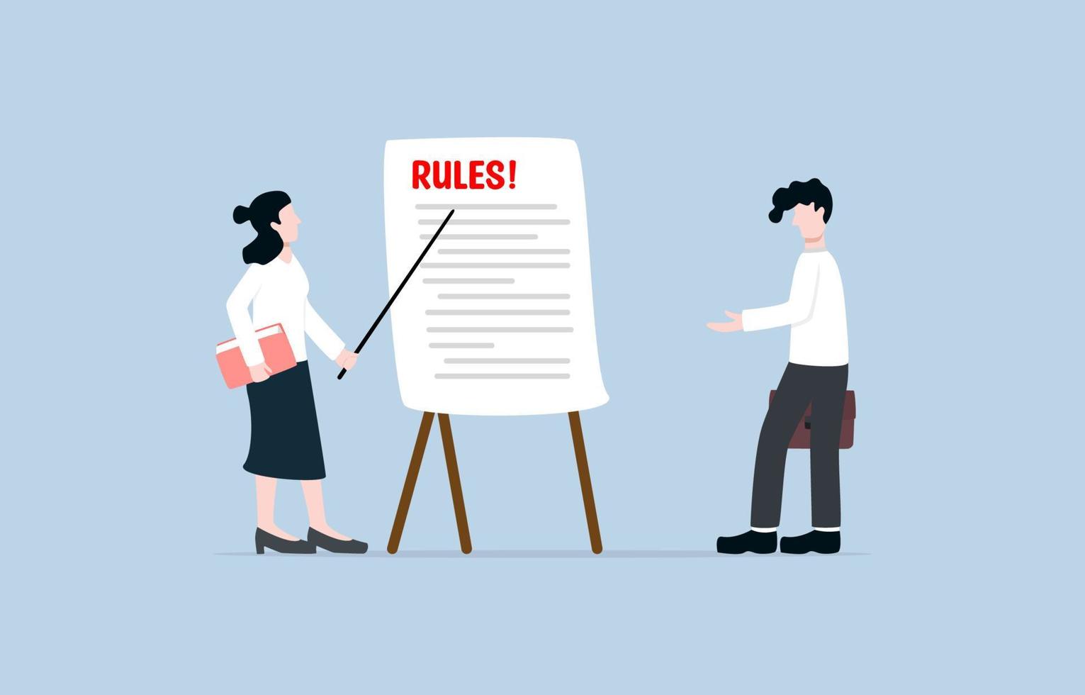 Remind rules and regulations for employees to follow, company policy, discipline procedure, controlling people in organization concept. HR officer telling rules and regulations for new employee. vector