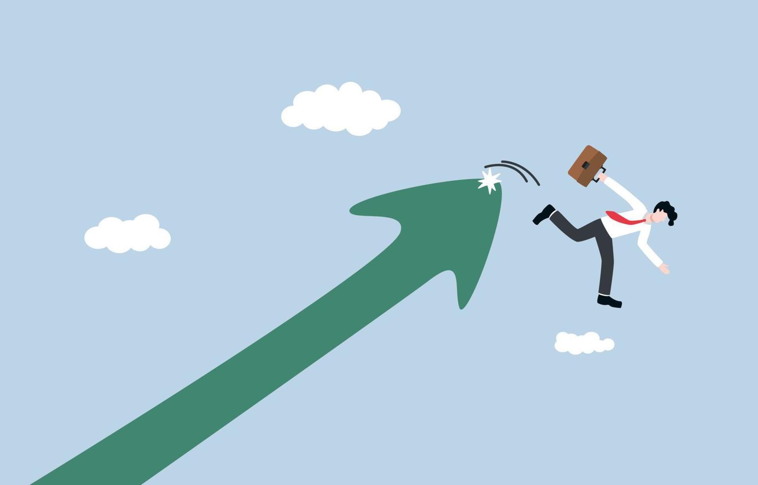 Danger of rushing in business progress without  thorough consideration, less efficient working due to too much of hurry concept. Businessman falling down from growing graph because running too fast. vector