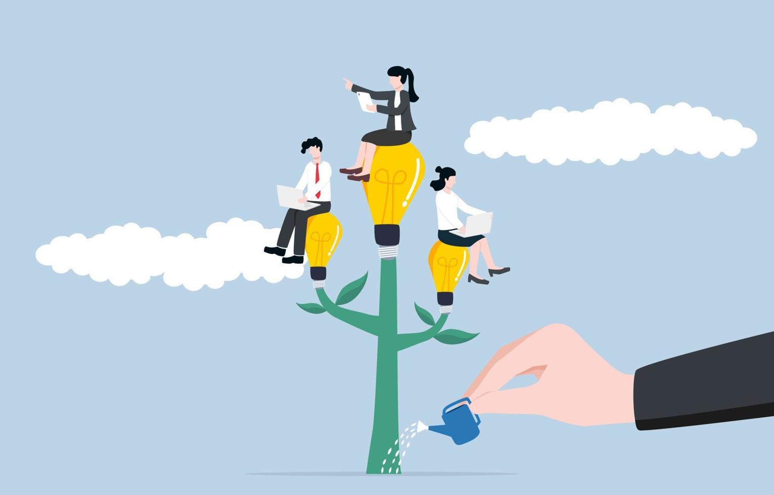 Growing mindset culture in workplace, developing creativity together in business team, cultivating corperate value concept. Employees sitting on same lightbulb tree while being watered by boss hand. vector