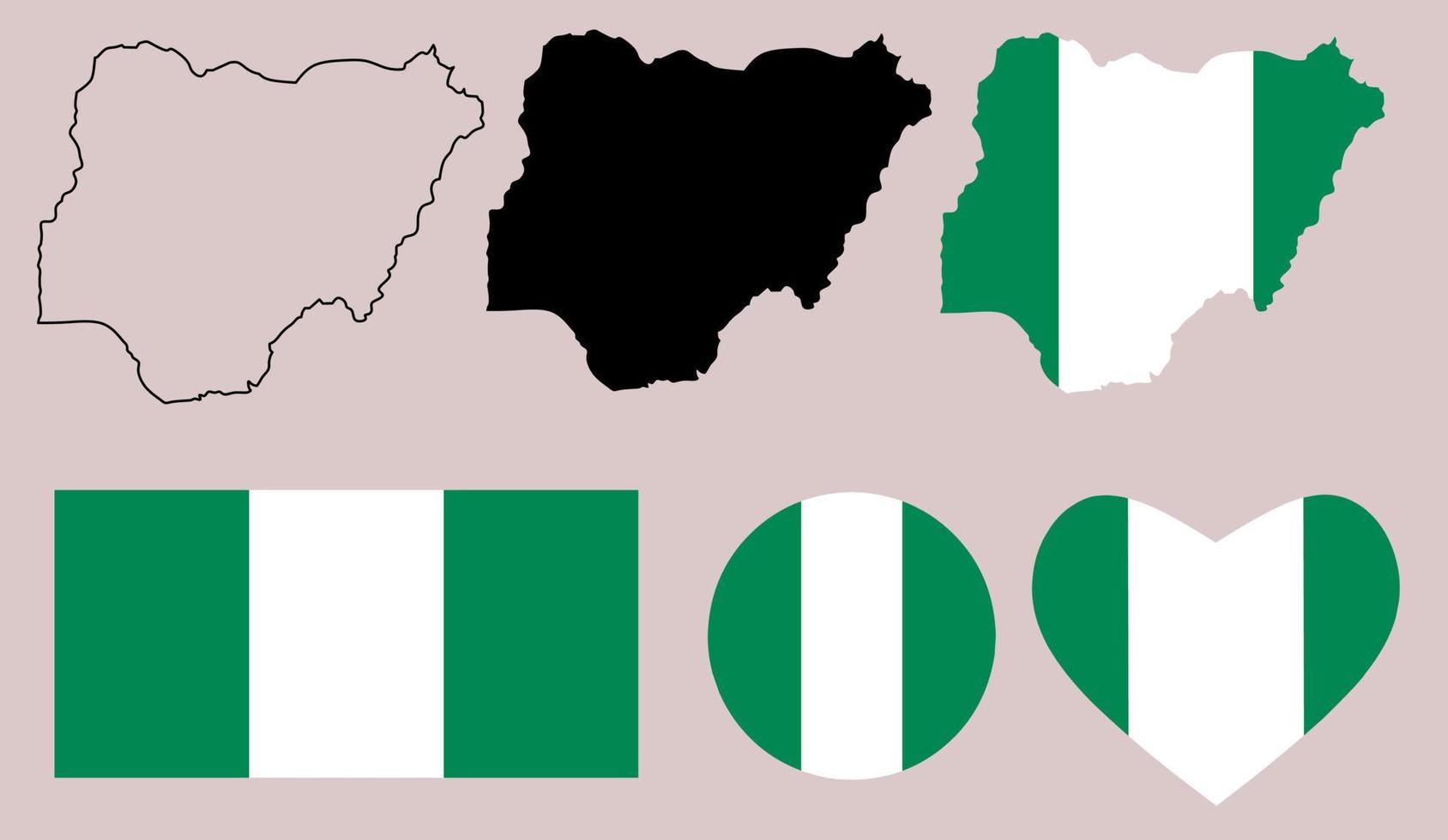 conjunto de iconos de bandera de mapa de nigeria vector