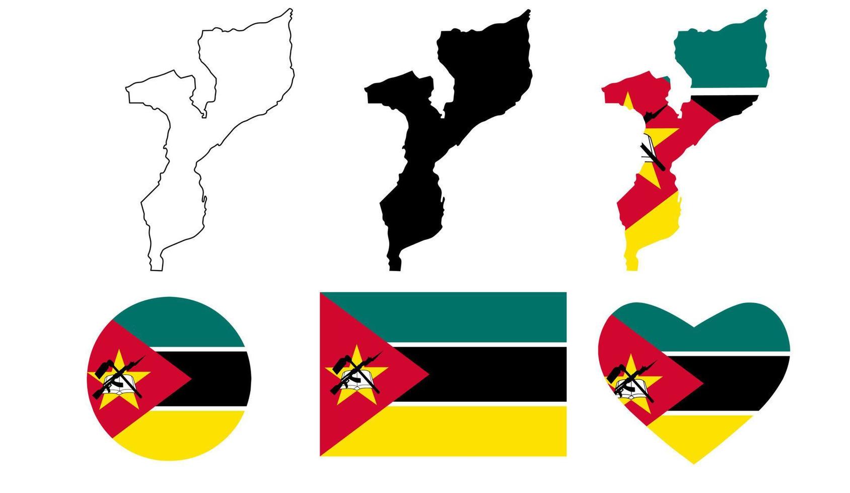 conjunto de iconos de bandera de mapa de mozambique vector