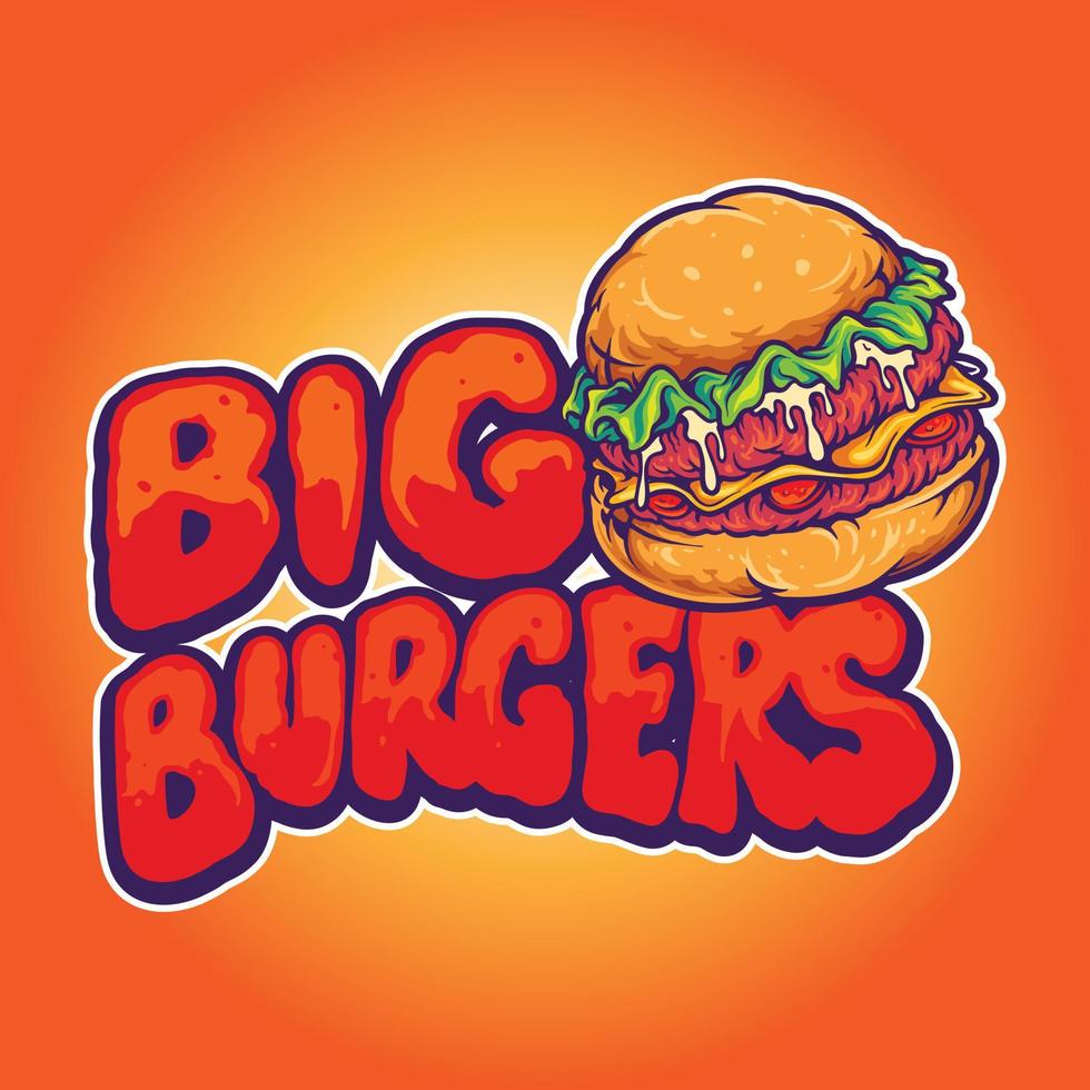 deliciosas ilustraciones de vectores de comida rápida de hamburguesas grandes para el logotipo de su trabajo, camiseta de mercadería de mascota, diseños de pegatinas y etiquetas, afiches, tarjetas de felicitación que anuncian empresas comerciales o marcas.