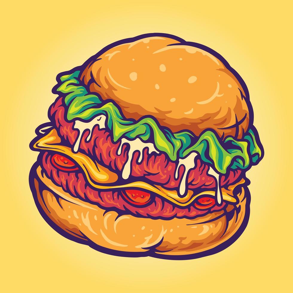 deliciosas ilustraciones de vectores de dibujos animados de comida rápida de hamburguesas para el logotipo de su trabajo, camiseta de mercadería de mascota, diseños de pegatinas y etiquetas, afiche, tarjetas de felicitación que anuncian empresas comerciales o marcas.