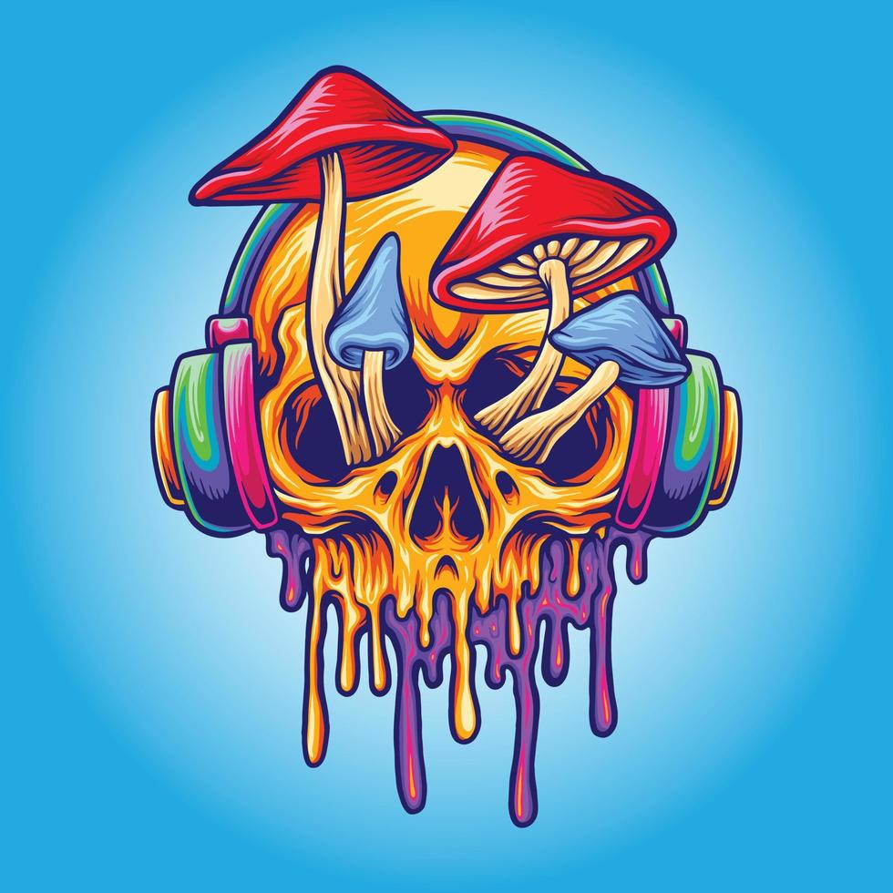 Funky psychedelic skull mushroom Vector illustrations for your work Logo, mascot merchandise t-shirt, stickers and Label designs, poster, greeting cards advertising business company or brands.