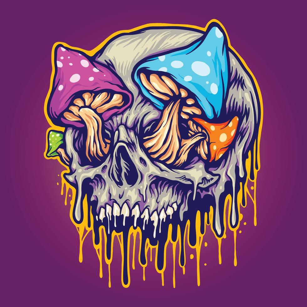 Scary skull mushrooms melted colorful vector