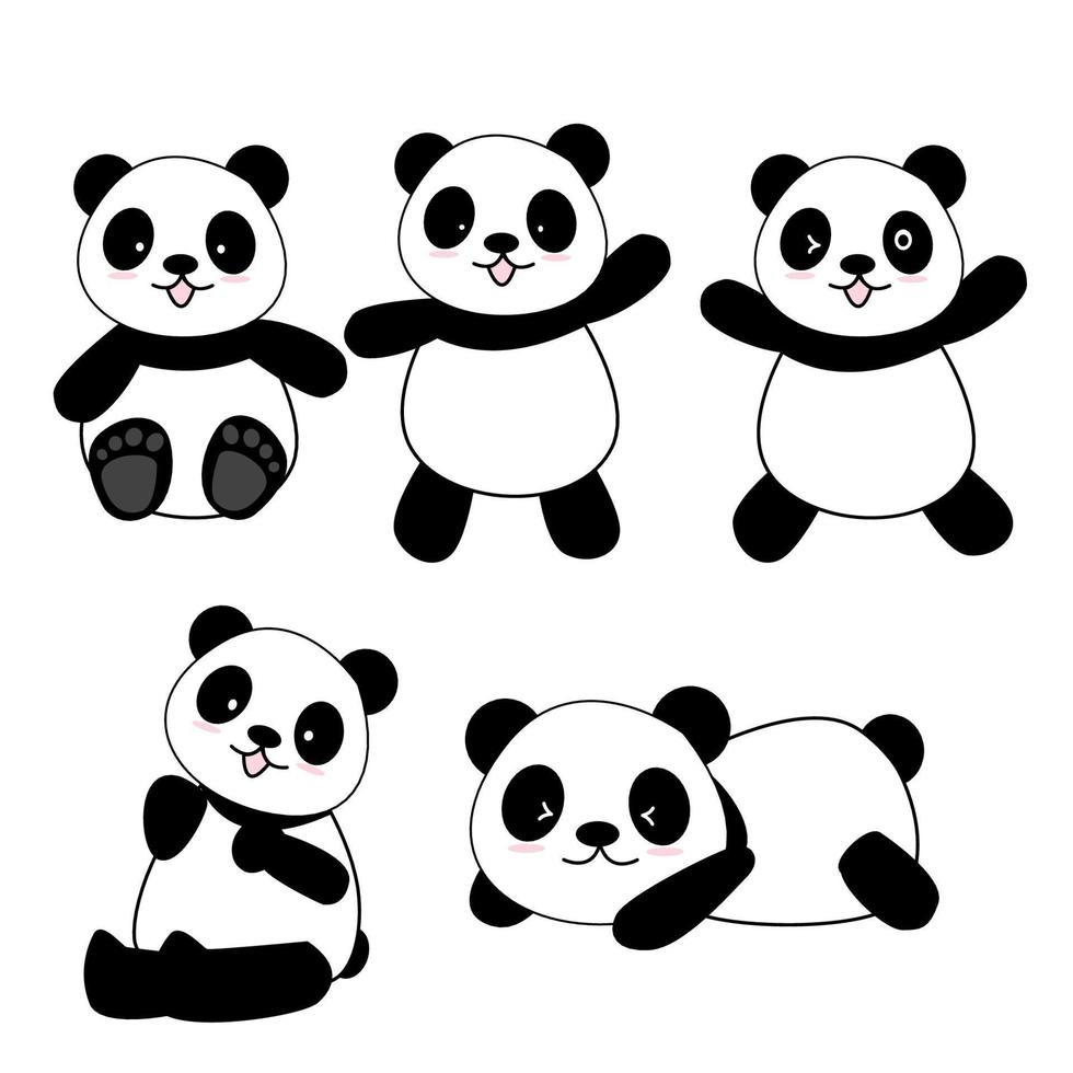 Cute dibujos animados panda osos vector ilustración, conjunto de panda.