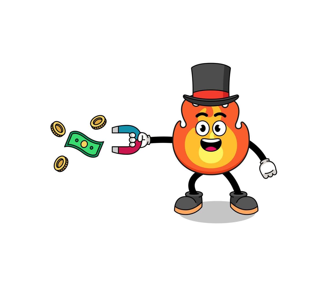 Character Illustration of fire catching money with a magnet vector