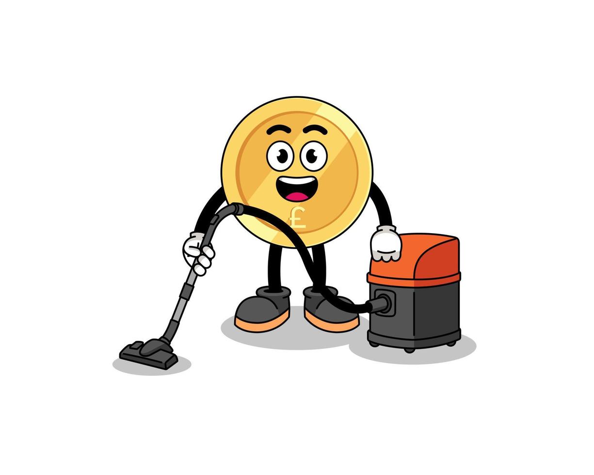 Character mascot of pound sterling holding vacuum cleaner vector