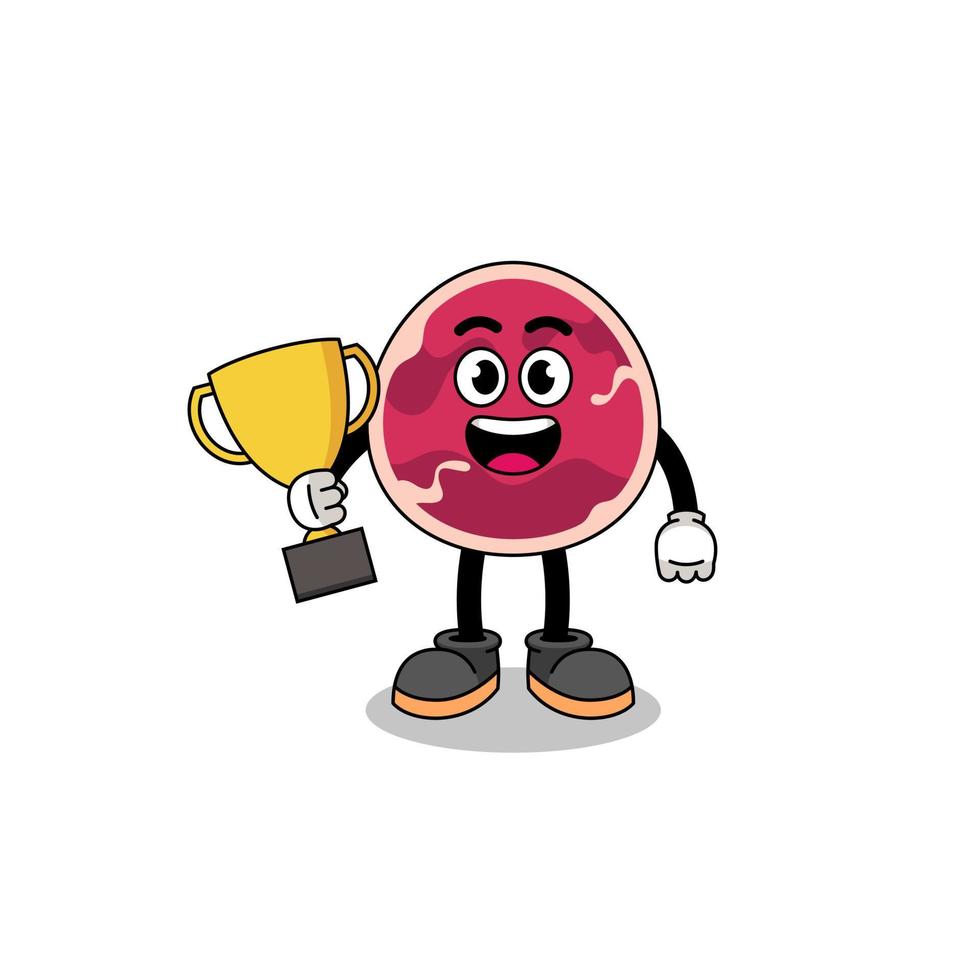 Cartoon mascot of meat holding a trophy vector