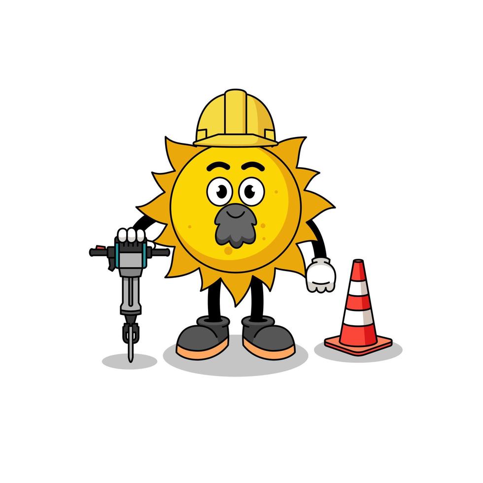 Character cartoon of sun working on road construction vector