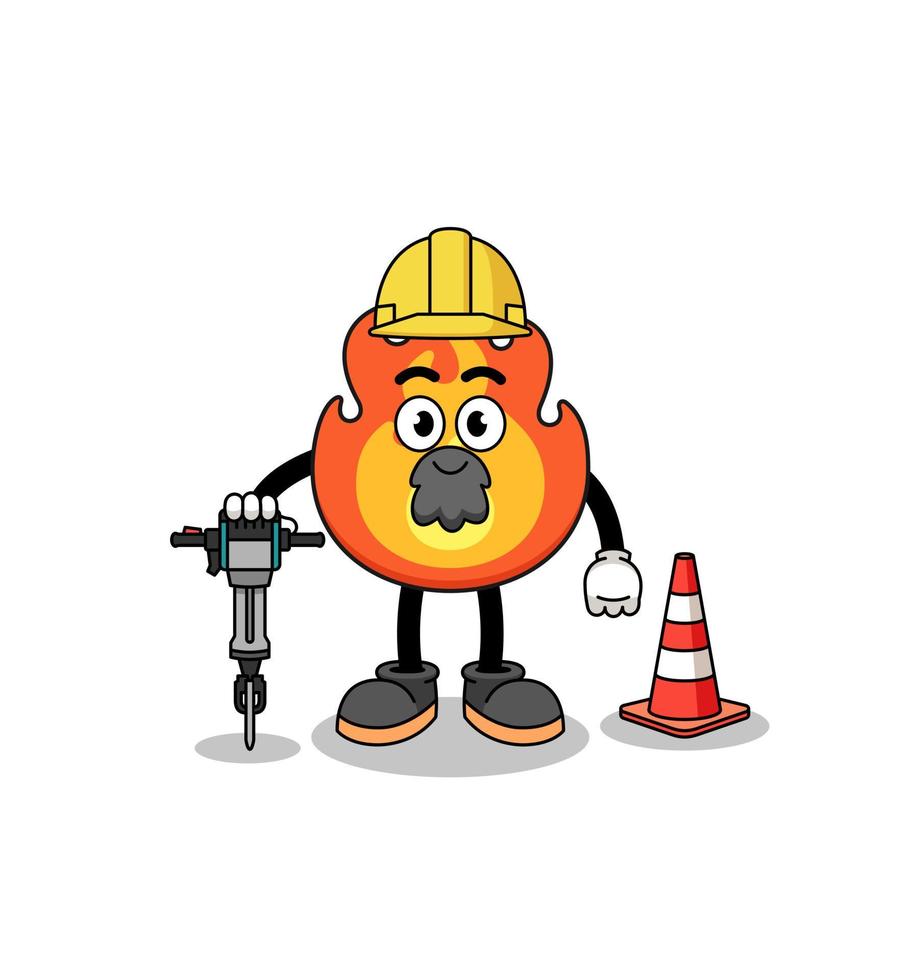 caricatura de personaje de fuego trabajando en la construcción de carreteras vector