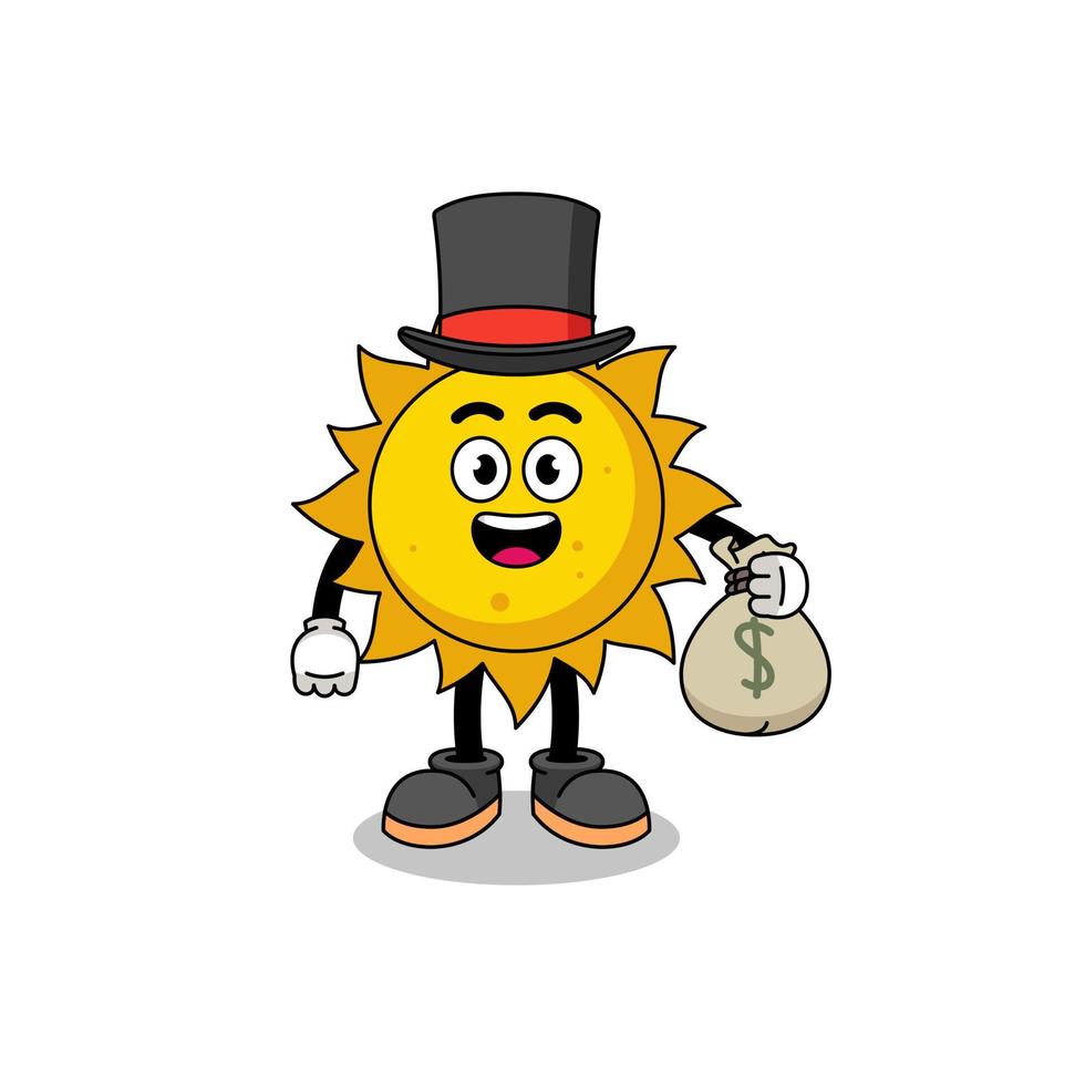 sun mascot illustration rich man holding a money sack vector