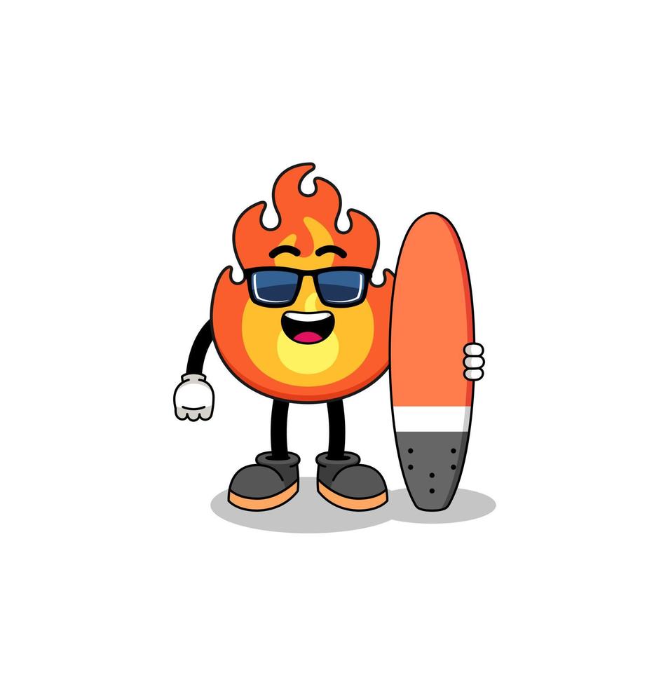 caricatura de mascota de fuego como surfista vector