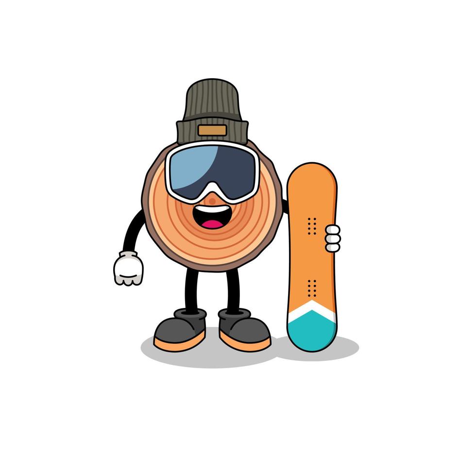 mascota, caricatura, de, tronco de madera, jugador de snowboard vector