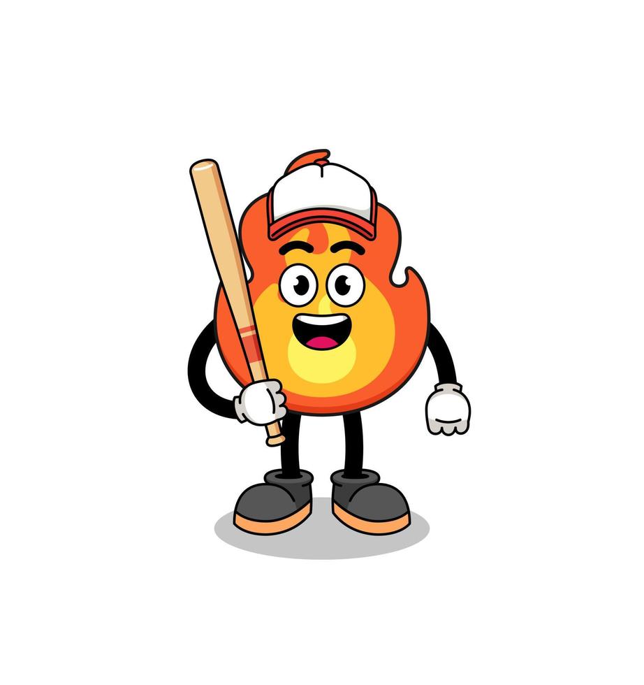 caricatura de mascota de fuego como jugador de béisbol vector