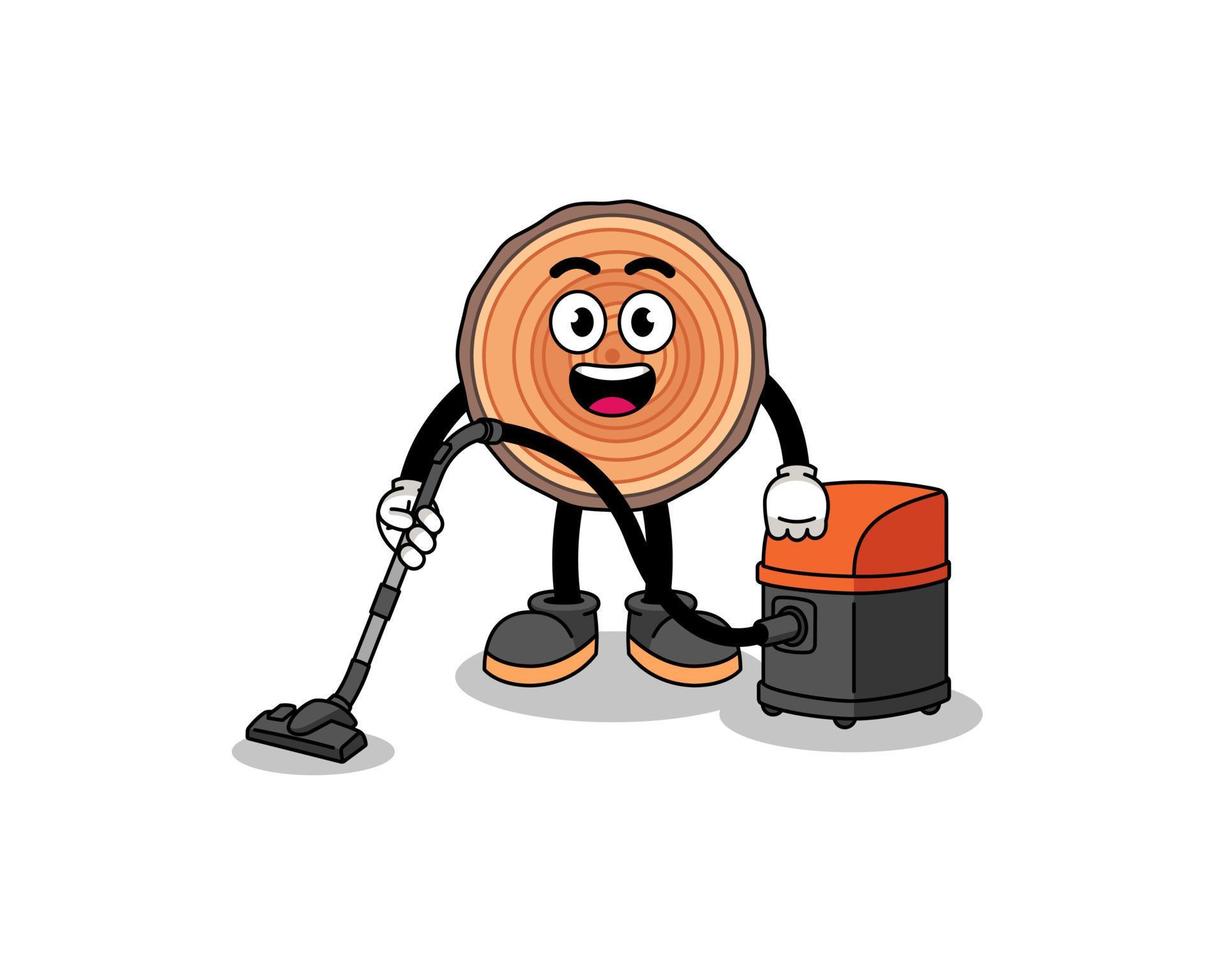Character mascot of wood trunk holding vacuum cleaner vector