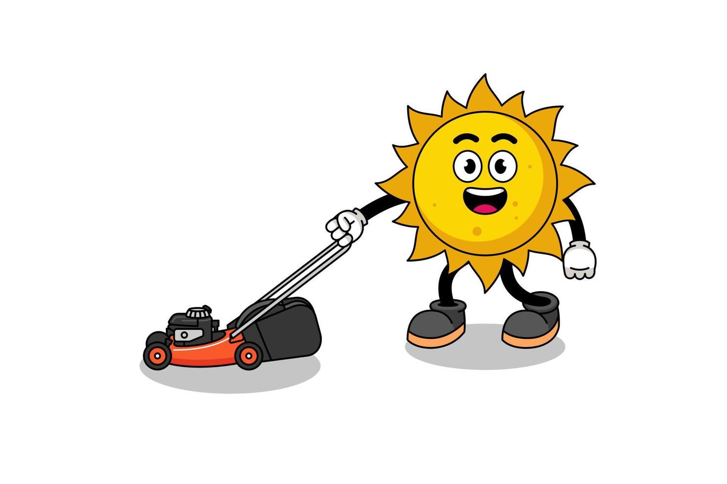 sun illustration cartoon holding lawn mower vector