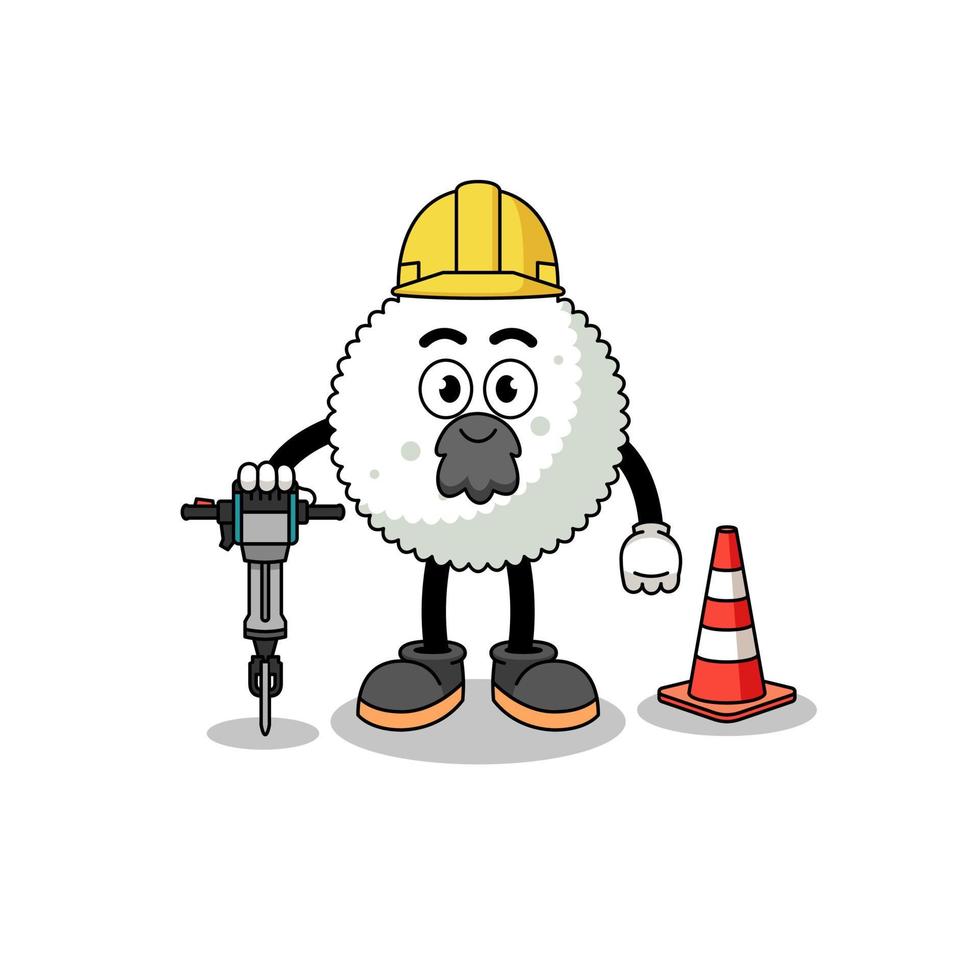 caricatura de personaje de bola de arroz trabajando en la construcción de carreteras vector