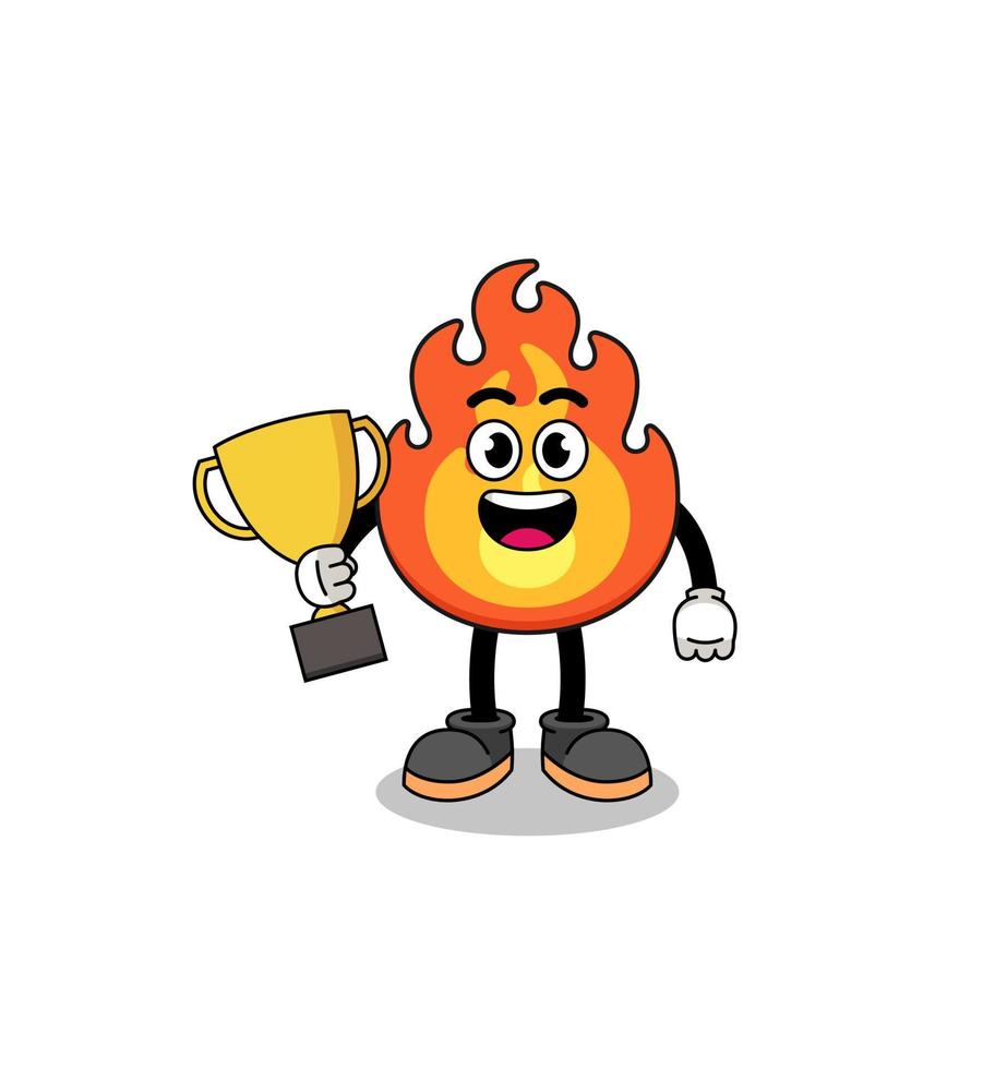 Cartoon mascot of fire holding a trophy vector